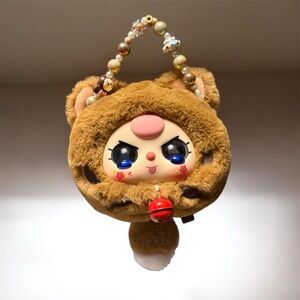 Baby Three Charming Cat Brown Plush Animal Face Mini Bag